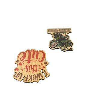 Wooden Decorative Pins, Zombie Bee and Cute Quote Design, 2-Pack